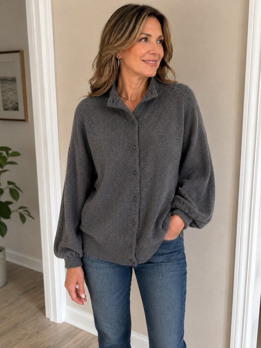 DemyLee NY Womens Medium Gray Cashmere Cardigan Balloon Long Sleeve Sweater
